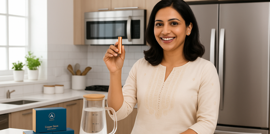 women in kitchen having copper stem in hand 