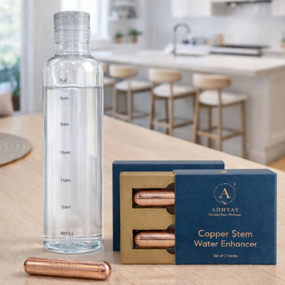Hydration Combo: 550 ml Glass Water Bottle + 2 Units of Copper Stems (1 Pack)
