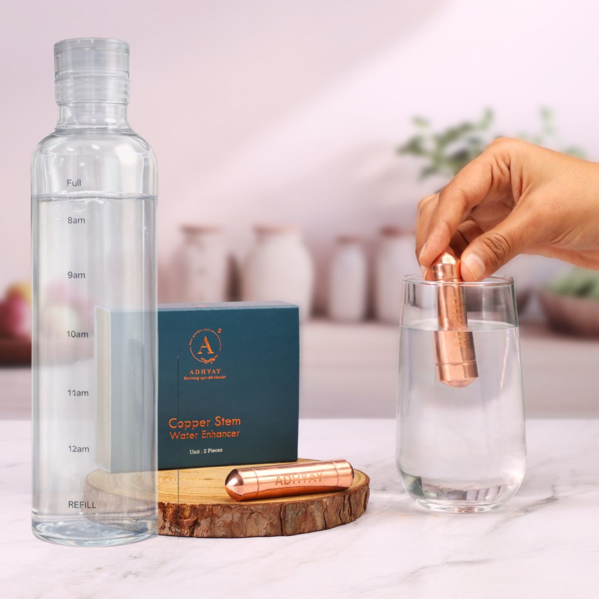 Hydration Combo: 550 ml Glass Water Bottle + 2 Units of Copper Stems (1 Pack)