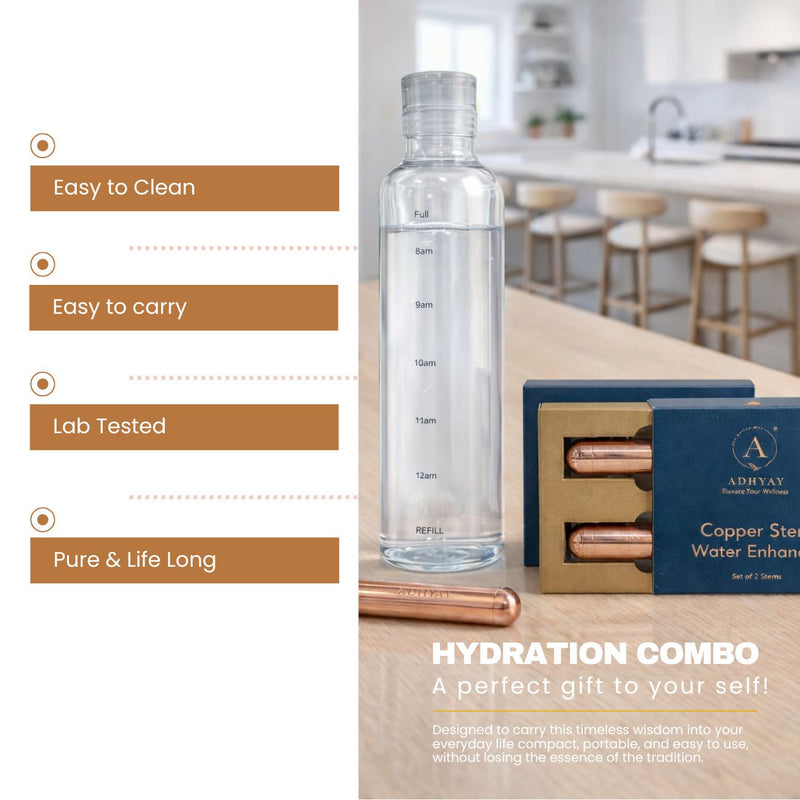 Hydration Combo: 550 ml Glass Water Bottle + 2 Units of Copper Stems (1 Pack)